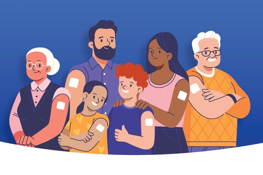 Graphic of diverse group with bandages from receiving immunizations